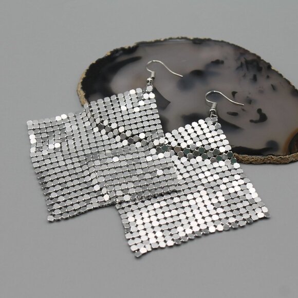 Jewelry earrings mesh statement party occasional drop dangle large silver tone - Picture 3 of 11